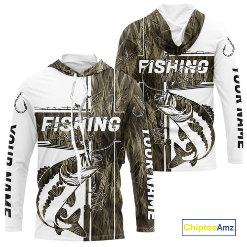 Custom Grass Camo Cross Faith Largemouth Bass Long Sleeve Hooded Tournament Fishing Shirts IPHW9148