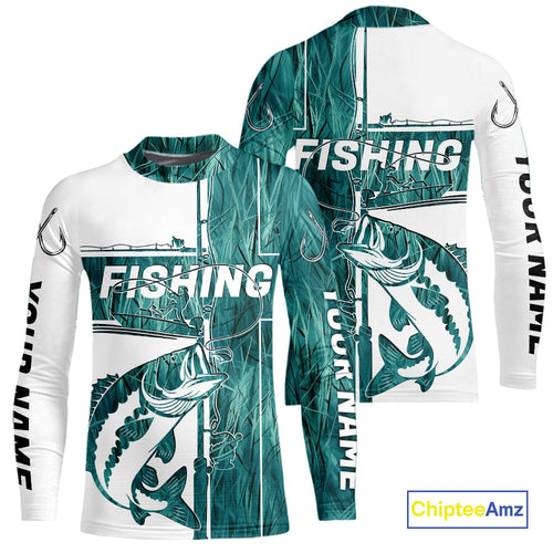 Custom Greenish Blue Grass Camo Cross Faith Largemouth Bass Kid Long Sleeve Fishing Shirts IPHW9149