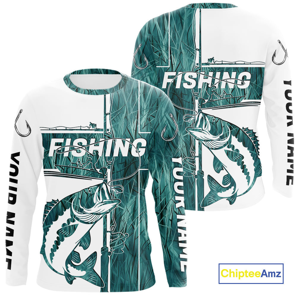 Custom Greenish Blue Grass Camo Cross Faith Largemouth Bass Long Sleeve Tournament Fishing Shirt IPHW9149