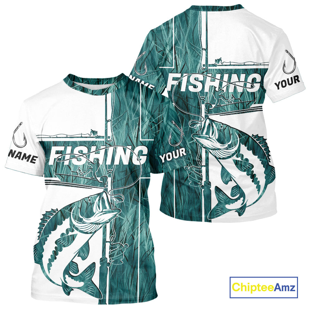 Custom Greenish Blue Grass Camo Cross Faith Largemouth Bass Tournament Fishing T-Shirts IPHW9149