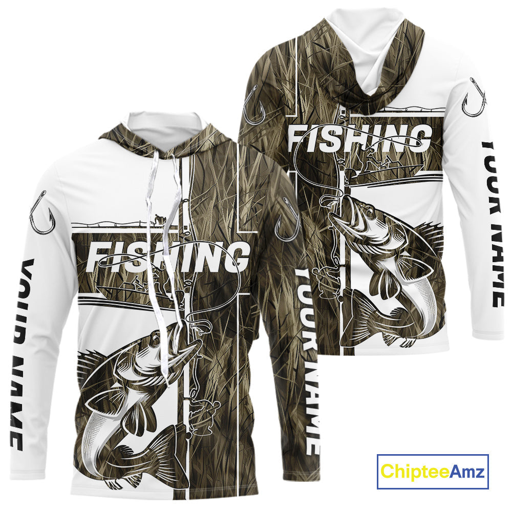 Custom Grass Camo Cross Faith Walleye Long Sleeve Hooded Tournament Fishing Shirts IPHW9150
