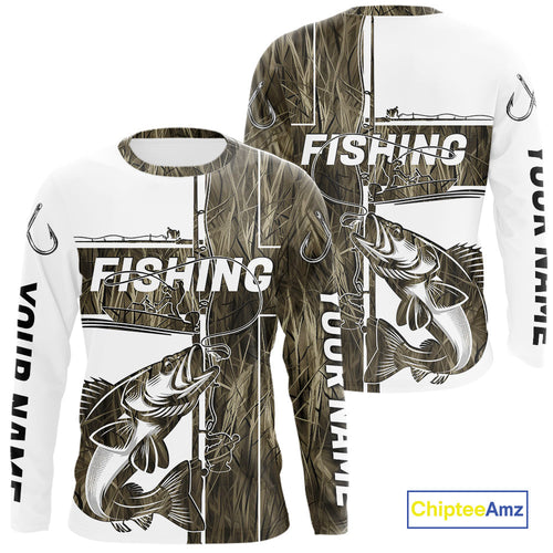 Custom Grass Camo Cross Faith Walleye Long Sleeve Tournament Fishing Shirts IPHW9150