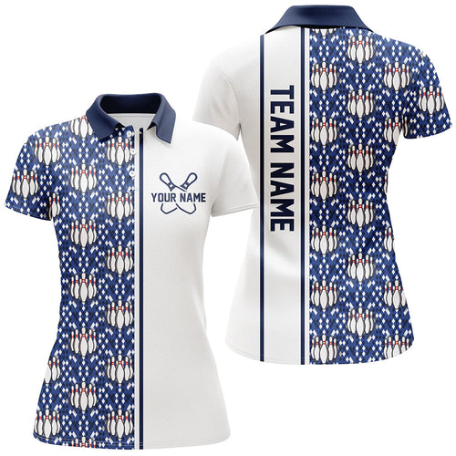 Blue Argyle Custom Bowling Polo Shirts For Women, Custom Bowling Uniforms IPHW6964