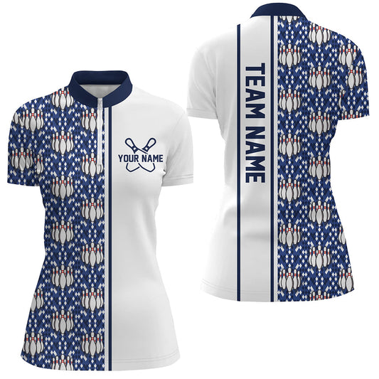 Blue Argyle Custom Bowling Polo Shirts For Women, Custom Bowling Uniforms IPHW6964