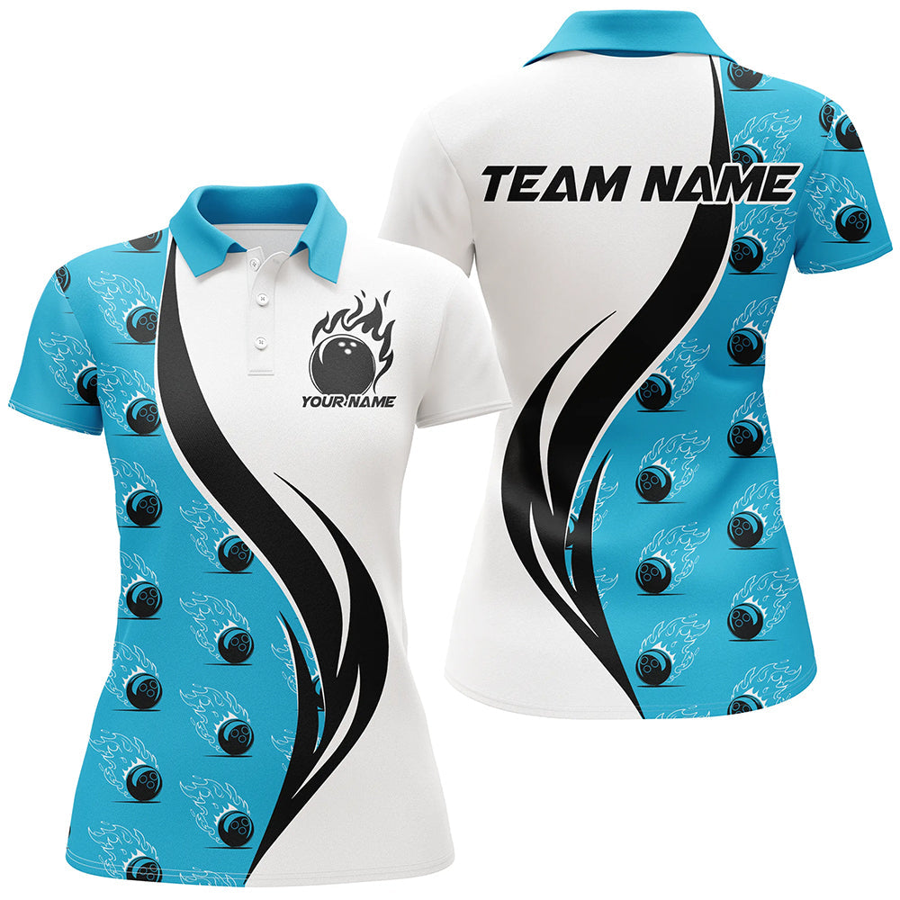 Custom Flame Bowling Polo Shirts For Women, Bowling Team Uniforms With Name | Blue IPHW6974