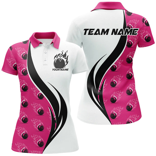 Custom Flame Bowling Polo Shirts For Women, Bowling Team Uniforms With Name | Pink IPHW6975