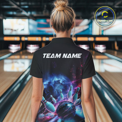 Custom Galaxy Bowling Women Polo Shirts, Holographic Bowling Jersey Bowling League Shirt IPHW9499