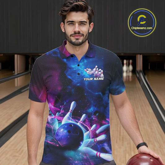 Custom Galaxy Bowling Men Polo Shirts, Holographic Bowling Jersey Bowling League Shirt IPHW9500