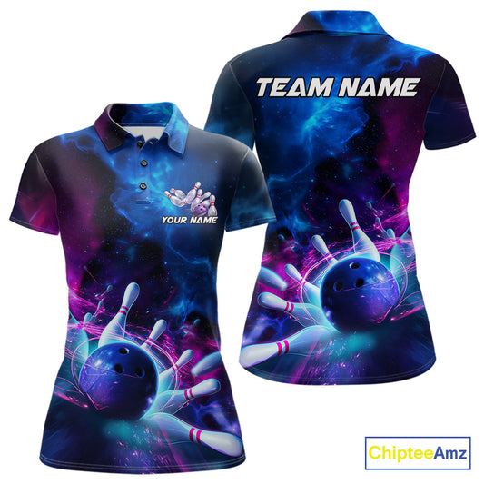 Custom Galaxy Bowling Women Polo Shirts, Holographic Bowling Jersey Bowling League Shirt IPHW9500
