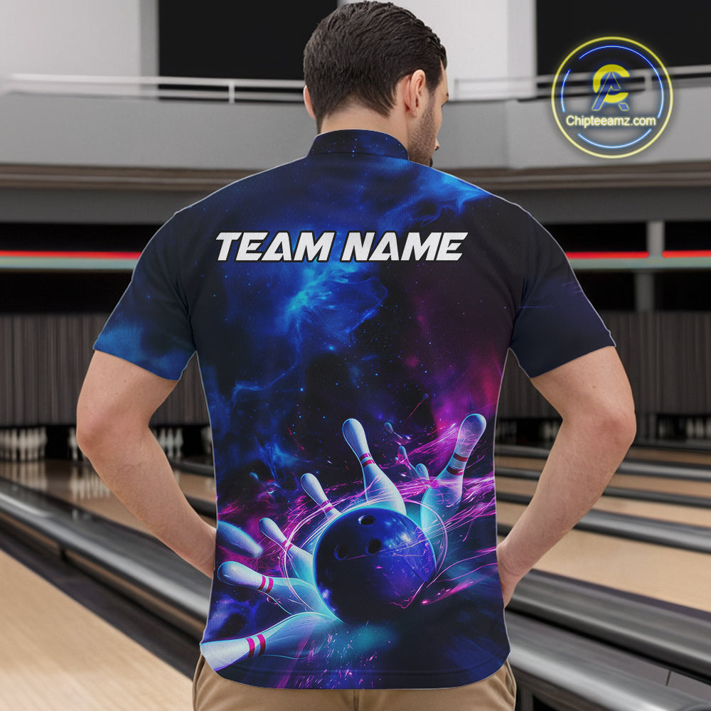 Custom Galaxy Bowling Men Quarter-Zip Shirts, Holographic Bowling Jersey Bowling League Shirt IPHW9500