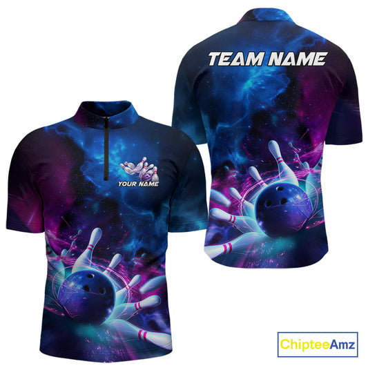 Custom Galaxy Bowling Men Quarter-Zip Shirts, Holographic Bowling Jersey Bowling League Shirt IPHW9500