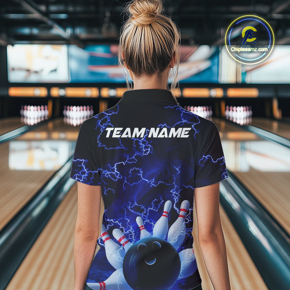 Custom Electric Blue Thunder Lightning Women Bowling Polo Team Shirts, Bowling Jerseys IPHW9504