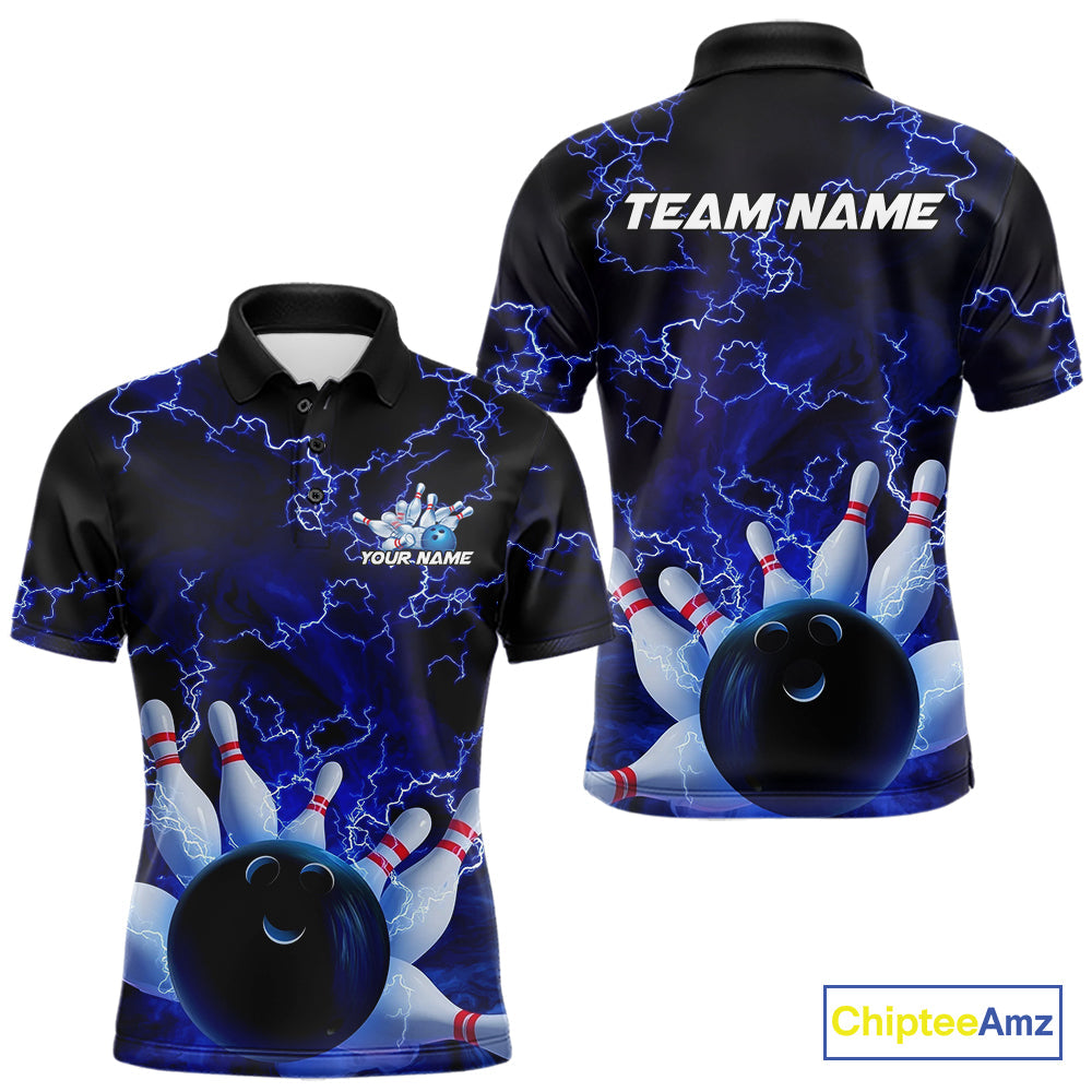 Custom Electric Blue Thunder Lightning Men Bowling Polo Team Shirts, Bowling Jerseys IPHW9504
