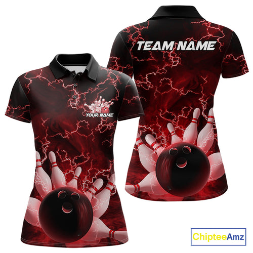 Custom Red Thunder Lightning Women Bowling Polo Team Shirts, Bowling Jerseys IPHW9505
