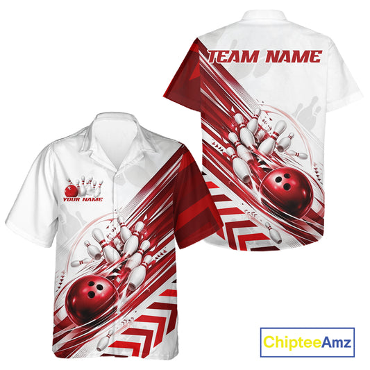 White short-sleeve bowling-themed polo shirt shown from the front and back, featuring red and white bowling ball and pin graphics, customizable text placeholders