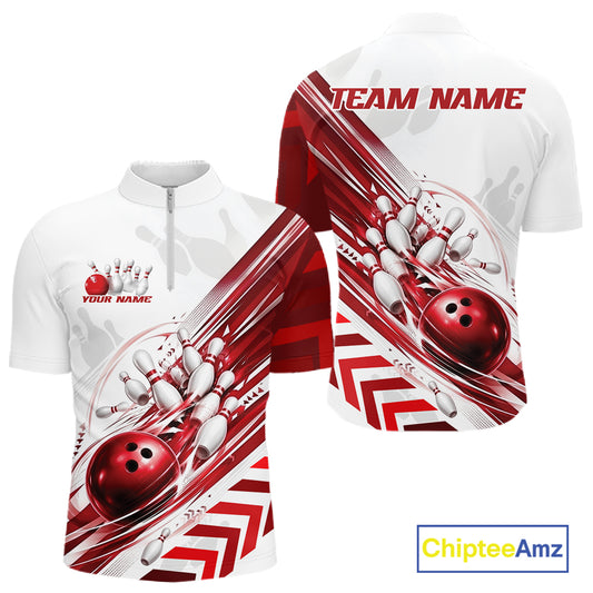 White short-sleeve bowling-themed quarter-zip shirt shown from front and back, with orange and white bowling graphics, bowling pins, and bowling balls, plus customizable text placeholders