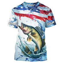 Load image into Gallery viewer, Personalized Patriotic Walleye Long Sleeve Fishing Shirts, American Flag Fishing Shirts IPHW7186