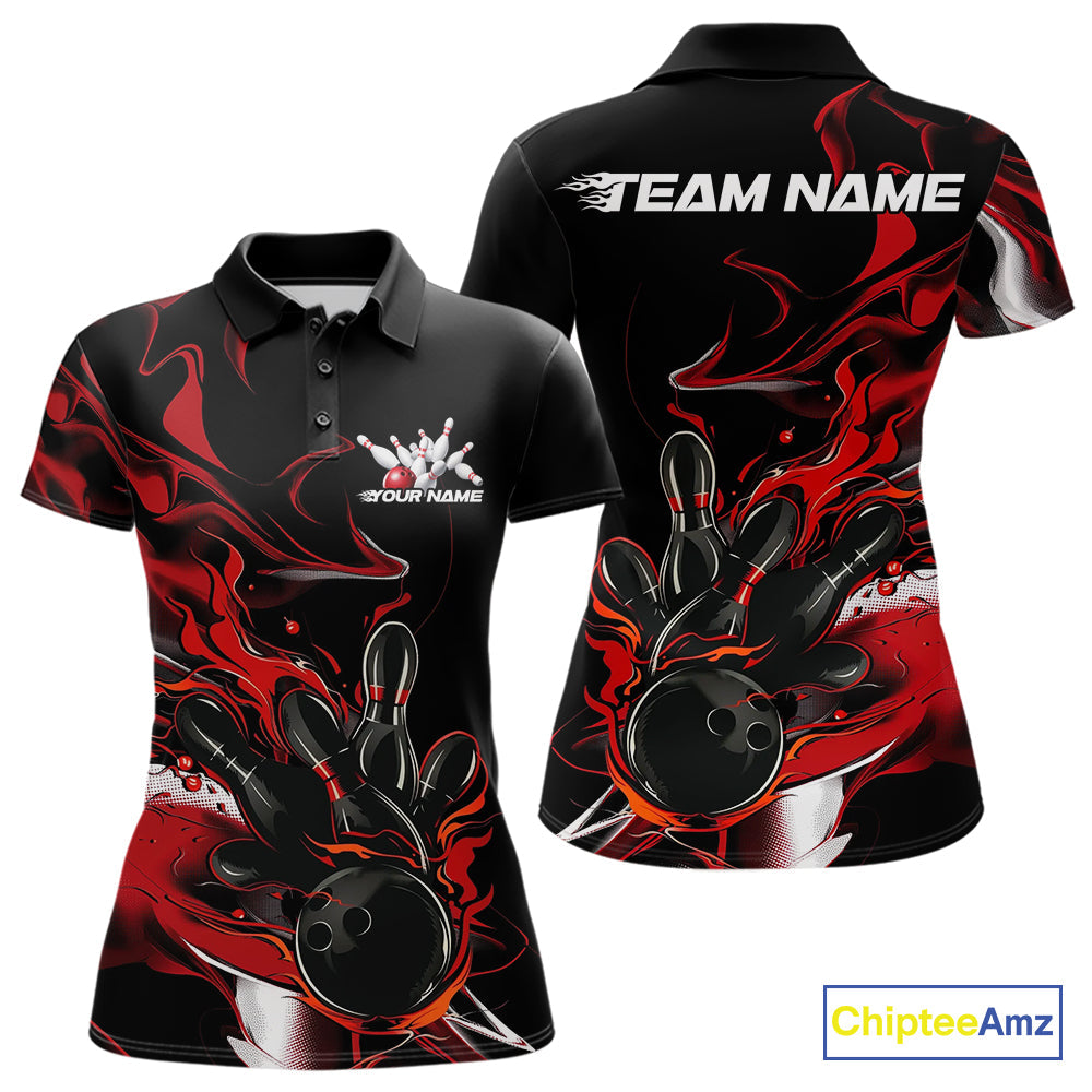 Custom Black And Red Camo Flame Bowling Team Polo Shirts For Women, Bowling Jerseys IPHW9877