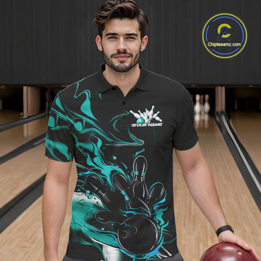 Custom Black And Turquoise Blue Camo Flame Bowling Team Men Polo Shirts, Bowling Jerseys IPHW9878