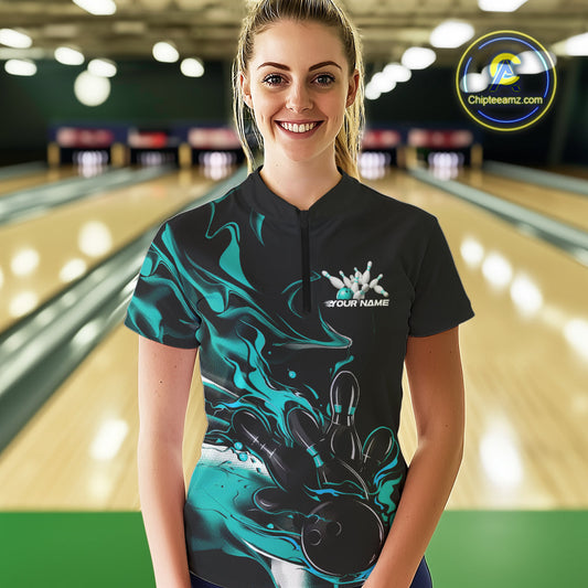 Custom Turquoise Blue Camo Flame Bowling Team Women Quarter-Zip Shirts, Bowling Jerseys IPHW9878
