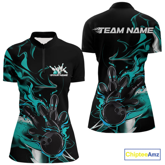 Custom Turquoise Blue Camo Flame Bowling Team Women Quarter-Zip Shirts, Bowling Jerseys IPHW9878