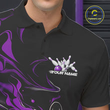 Load image into Gallery viewer, Custom Black And Purple Camo Flame Bowling Team Polo Shirts For Men, Bowling Jerseys IPHW9879