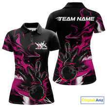 Load image into Gallery viewer, Custom Black And Pink Camo Flame Bowling Team Polo Shirts For Women, Bowling Jerseys IPHW9880