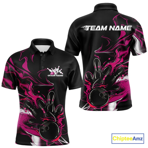 Custom Black And Pink Camo Flame Bowling Team Polo Shirts For Men, Bowling Jerseys IPHW9880