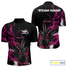 Load image into Gallery viewer, Custom Black And Pink Camo Flame Bowling Team Quarter-Zip Shirts For Men, Bowling Jerseys IPHW9880