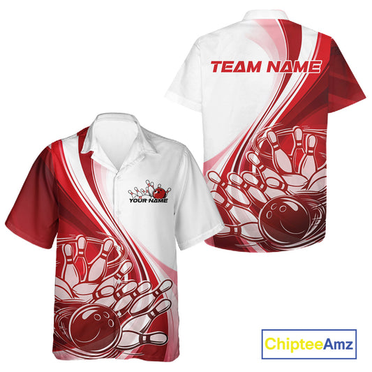 Front and back view of a button-up bowling shirt mockup in white and red, featuring a dynamic curved bowling ball crashing into pins illustration.