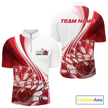 Front and back view of a mens bowling quarter zip shirt mockup in white and red, featuring a sweeping curve design with a bowling ball crashing into pins.