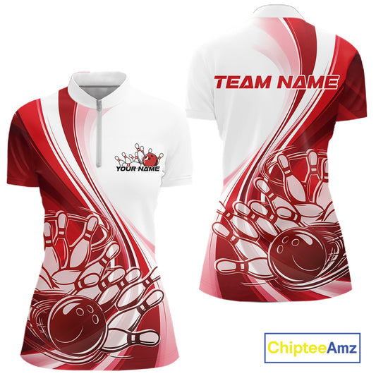 Front and back view of a women s white and red bowling quarter zip with dynamic sweeping curves and bowling ball crashing into pins artwork.