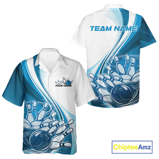 Front and back view of a button-up bowling shirt mockup in white and blue, featuring a sweeping curve bowling action graphic with a ball striking pins.