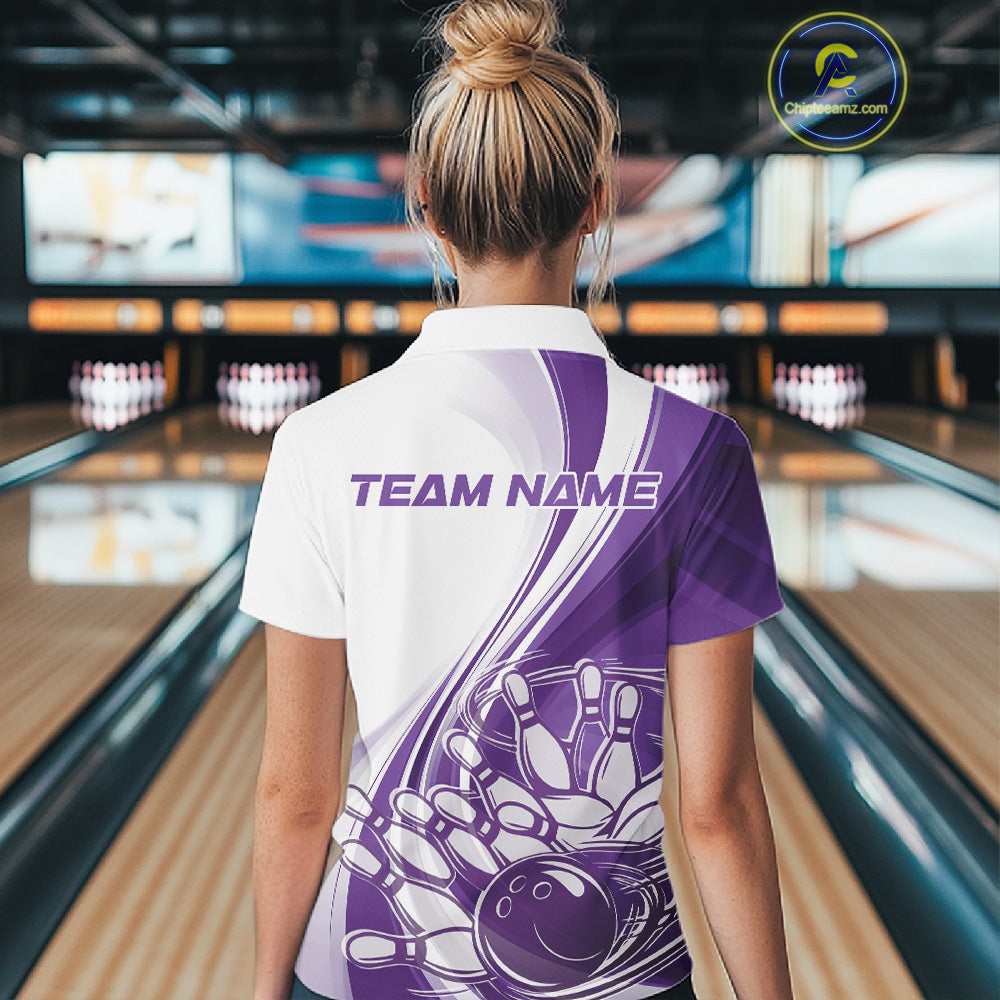 Back view of a female model in a bowling venue wearing a white and purple polo shirt, showcasing sweeping curve bowling action artwork.