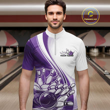 Load image into Gallery viewer, Custom White And Purple Classic Retro Style Men Quarter-Zip Bowling Tournament Shirt IPHW11325