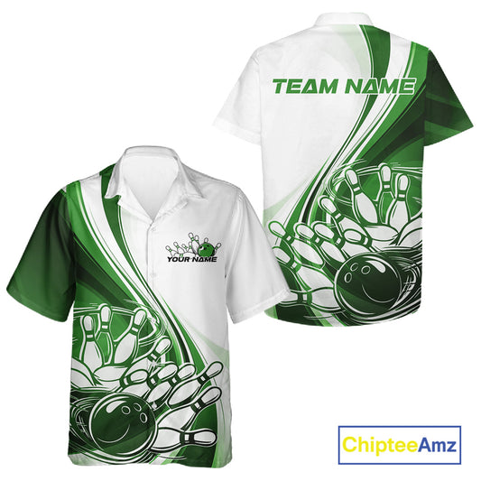 Front and back view of a button-up bowling shirt mockup in white and green, featuring a dynamic sweeping curve with a bowling ball crashing into pins.