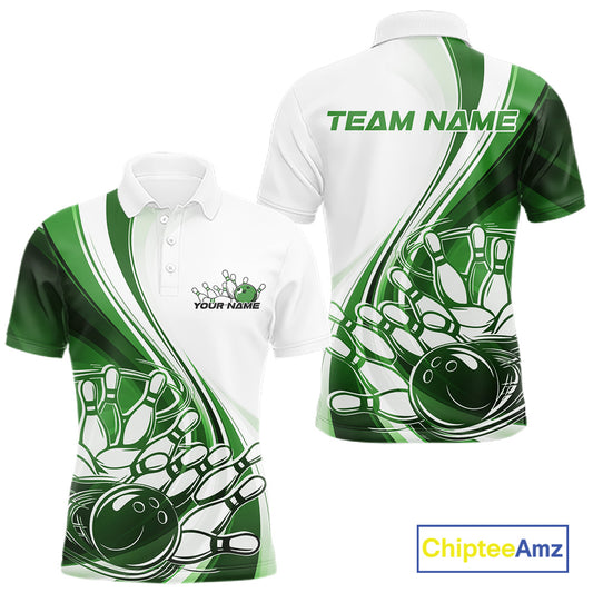 Front and back view of a mens bowling polo shirt mockup in white and green, featuring a sweeping curve bowling strike graphic.