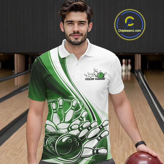 Male model in a bowling lane wearing a white and green polo shirt with dynamic curved bowling ball hitting pins illustration.