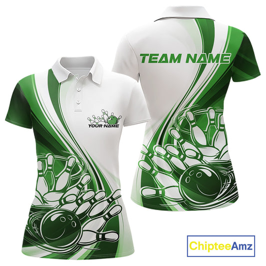 Front and back view of a womens bowling polo shirt mockup in white and green, featuring a sweeping curve design with a bowling ball striking pins.