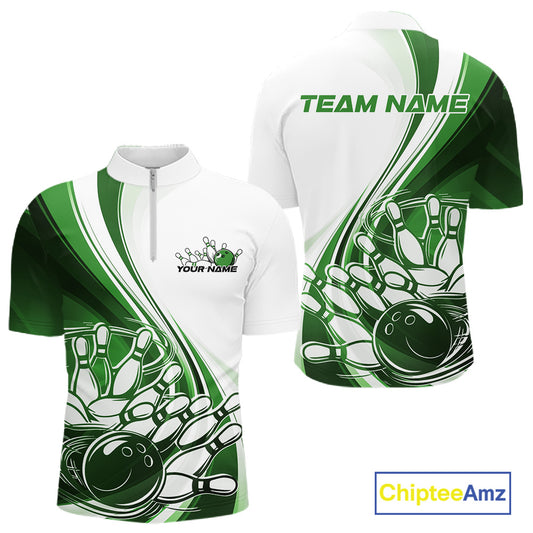 Front and back view of a mens bowling quarter zip shirt mockup in white and green, showcasing a sweeping curve design with a bowling ball striking pins.