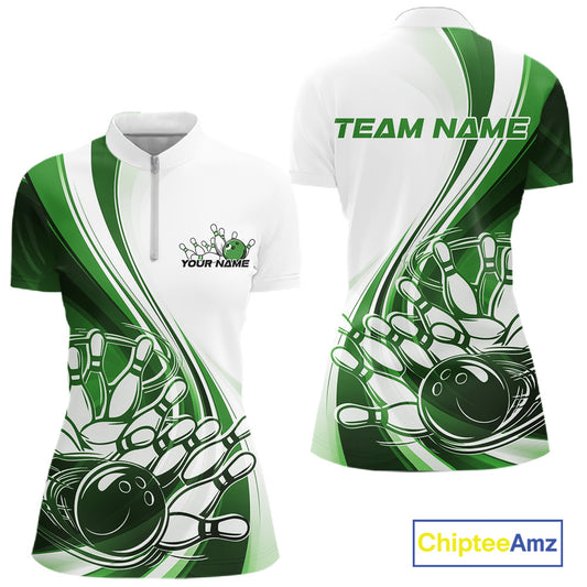 Front and back view of a women s white and green bowling quarter zip mockup featuring dynamic sweeping curves and bowling ball crashing into pins artwork.