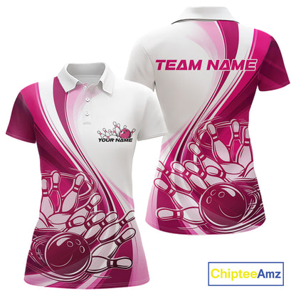 Front and back view of a womens bowling polo shirt mockup in white and pink, featuring a dynamic sweeping curve with a bowling ball crashing into pins.