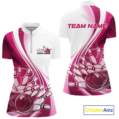 Front and back view of a women s white and pink bowling quarter zip featuring dynamic sweeping curves and a bowling ball crashing into pins artwork.