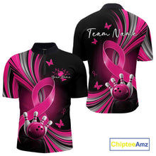Load image into Gallery viewer, Front and back mockup of a mens black and pink bowling quarter zip featuring breast cancer awareness ribbons, small butterfly artwork, and bowling graphics