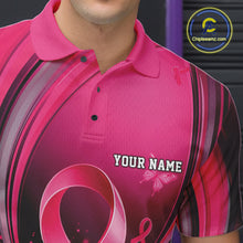 Load image into Gallery viewer, Close-up left chest view of a pink and black bowling polo with breast cancer awareness ribbon artwork and bowling graphics