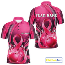 Load image into Gallery viewer, Front and back mockup of a men's pink and black bowling polo featuring breast cancer awareness ribbons and bowling graphics