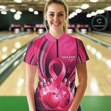Load image into Gallery viewer, Custom Hope Pink Ribbon Breast Cancer Awareness Bowling Team Quarter-Zip Shirt For Women IPHW11332