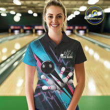 Load image into Gallery viewer, Custom Blue And Pink Synthwave Style Bowling Women Polo Shirt, Team Bowling League Shirt IPHW9514