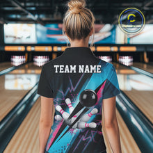 Load image into Gallery viewer, Custom Blue And Pink Synthwave Style Bowling Women Polo Shirt, Team Bowling League Shirt IPHW9514
