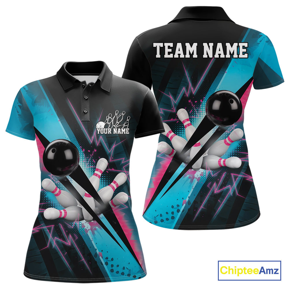 Custom Blue And Pink Synthwave Style Bowling Women Polo Shirt, Team Bowling League Shirt IPHW9514